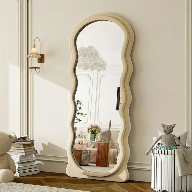 BEAUTYPEAK 71"x 30"Full Length Floor Mirror Wavy Mirror Leaning or Hanging with Stand, Beige | Walmart (US)