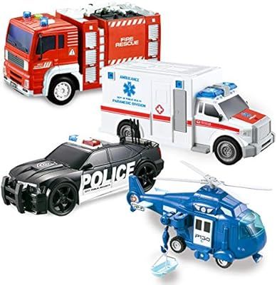 JOYIN 4 Pack Friction Powered City Hero Play Set Including Fire Engine Truck, Ambulance, Police C... | Amazon (US)