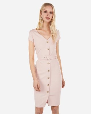 belted button front sheath dress | Express