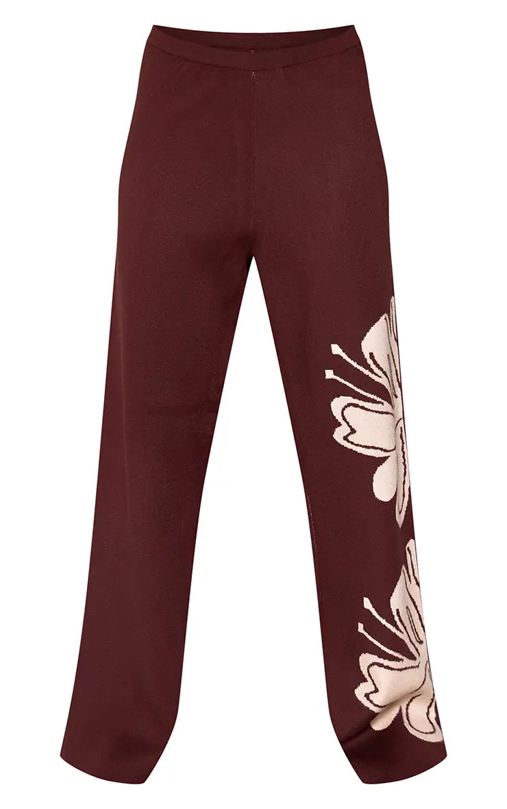 Chocolate Flower Print Compact Knit Wide Leg Trousers | PrettyLittleThing UK