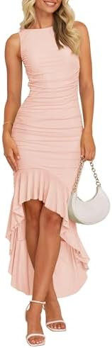 ZESICA Women's 2026 Summer Ruched Bodycon Dress Sleeveless Backless Ruffle Mermaid Cocktail Weddi... | Amazon (US)