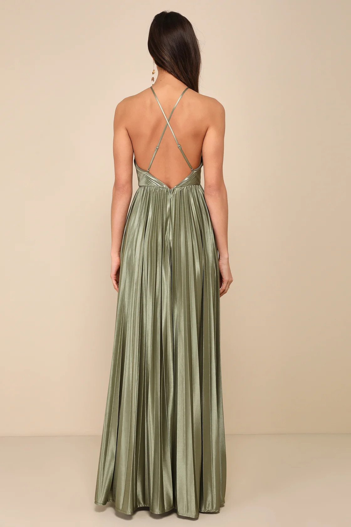 Elaborate Charm Olive Green Satin Pleated Backless Maxi Dress | Lulus