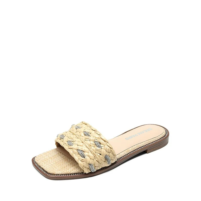 DREAM PAIRS Women’s Raffia Slide Sandals – Rhinestone Embellished Summer Flat Slip-Ons | Walmart (US)