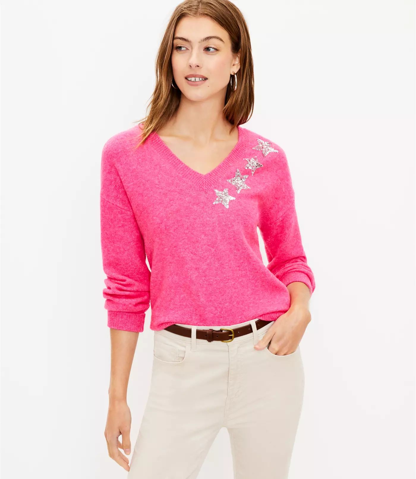 Shimmer Star V-Neck Sweater | LOFT | LOFT