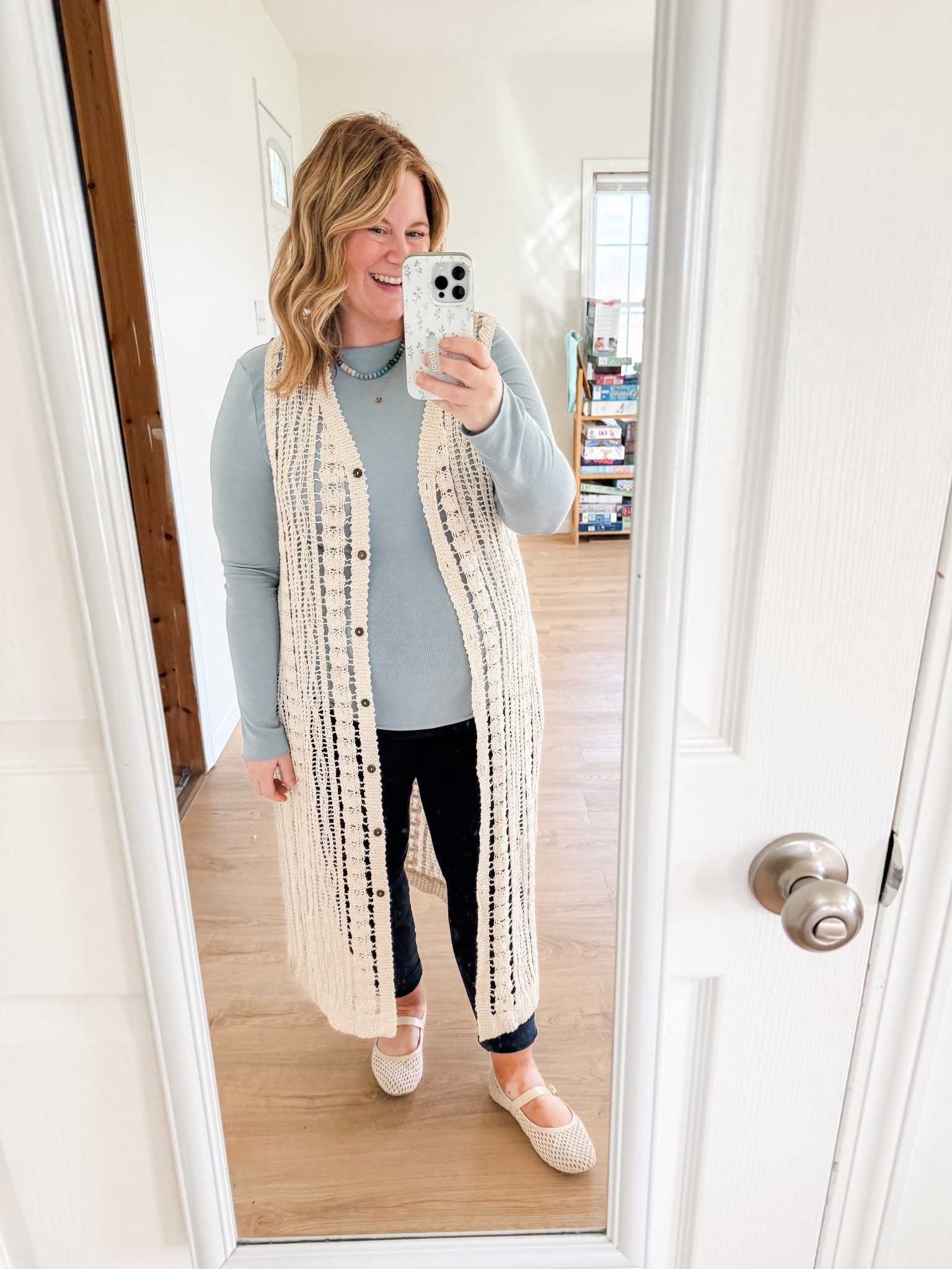 Teacher outfit! Wearing an XL in my long sleeve top, an XL in my crochet vest cardigan (actually a coverup) and a 14 in my maternity pixie pants.  Also linked regular pixie pants.  My crochet flats are from Target last year so I linked similar ones from
Amazon.  

#LTKBump #LTKWorkwear #LTKMidsize