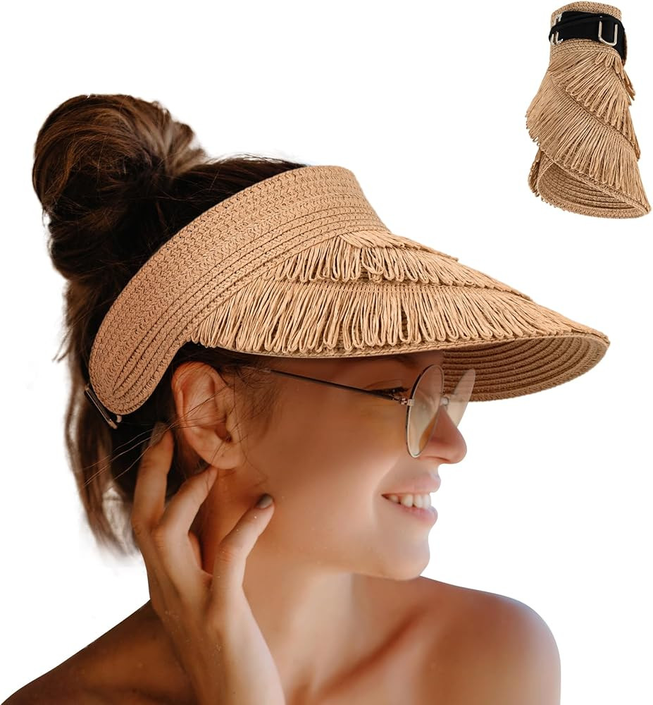 UV Protection Straw Sun Hat Visor Beach Hat Wide Brim Leopard Print Roll up Packable for Women | Amazon (US)