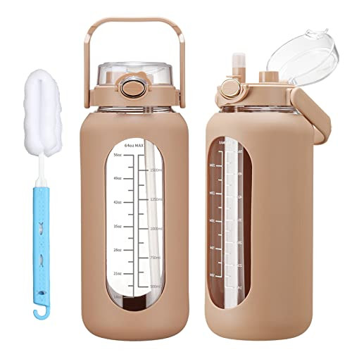 chunmo 42oz/52oz/64oz Glass Water Bolttles with Straw Half Gallon Large Motivational Water Bottle with Time Marker Sports Water Bottles with Silicone Sleeve and Handle Lid Water Jug for Gym Workout | Amazon (US)