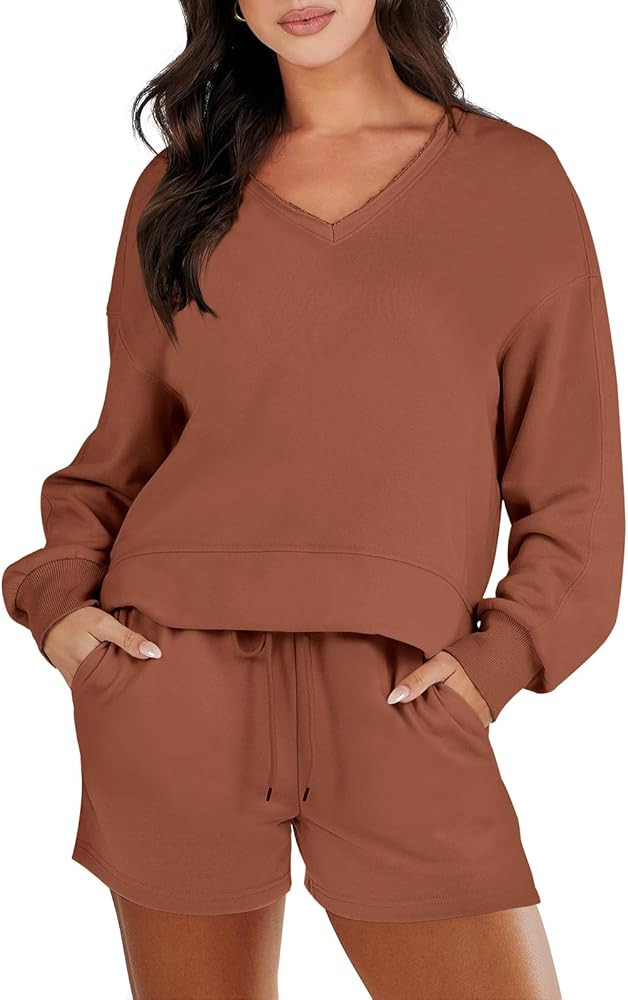 Caracilia Women's 2 Piece Outfits Long Sleeve V Neck Cropped Tops and Shorts Matching Lounge Sets... | Amazon (US)