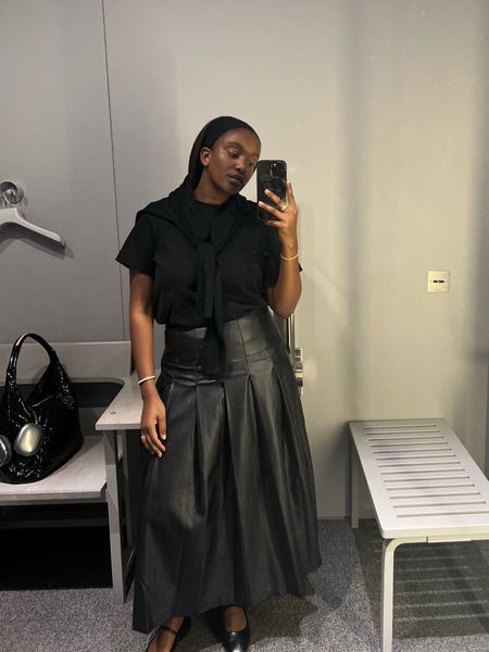Autumn Capsule casual outfit. Free People vegan leather maxi skirt styled with black leather Mary Jane ballet flats and the perfect oversized patent shoulder bag from MZ Wallace 

#LTKSeasonal #LTKeurope #LTKmidsize