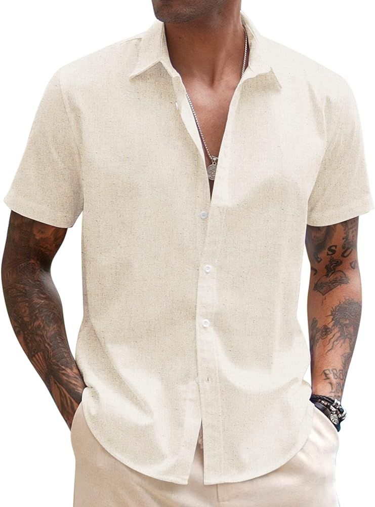 COOFANDY Men's Linen Casual Short Sleeve Shirts Button Down Summer Beach Shirt | Amazon (US)