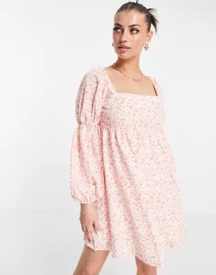 Fashion Union mini volume smock dress with puff sleeves in pink floral | ASOS | ASOS (Global)