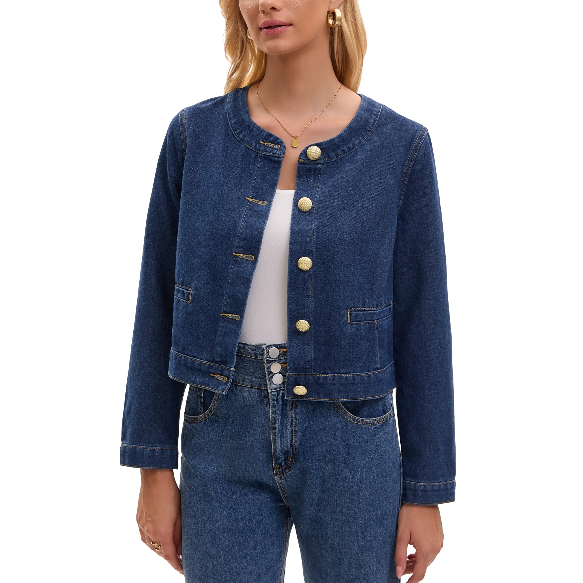 Women's Collarless Denim Jacket Long Sleeve 2026 Button Down Jean Jackets S Dark Blue | Walmart (US)