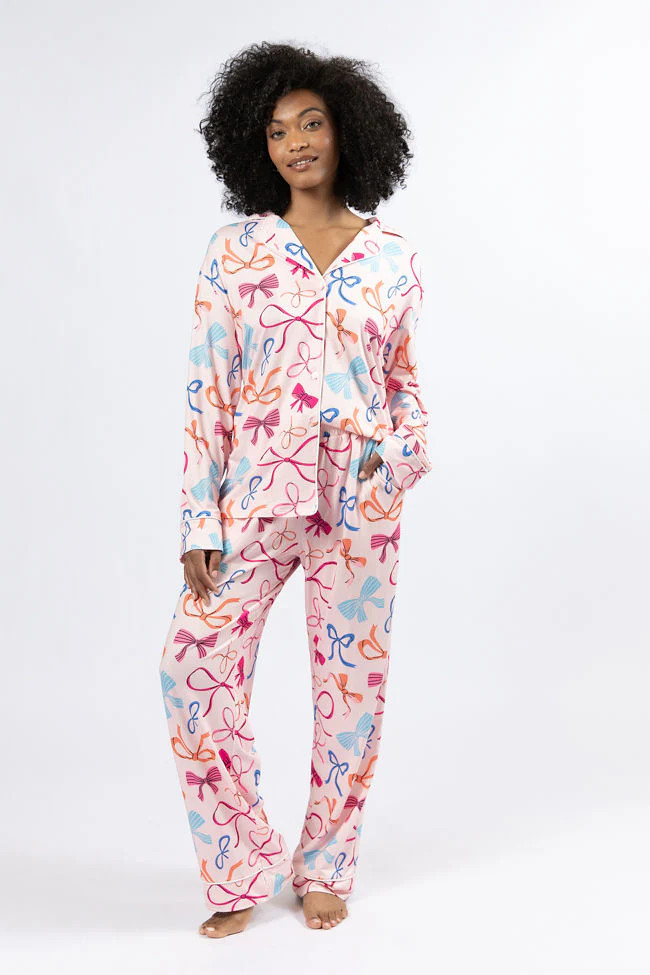 On A Cloud Multi Colored Bows Plush Knit Pajama Set | Pink Lily