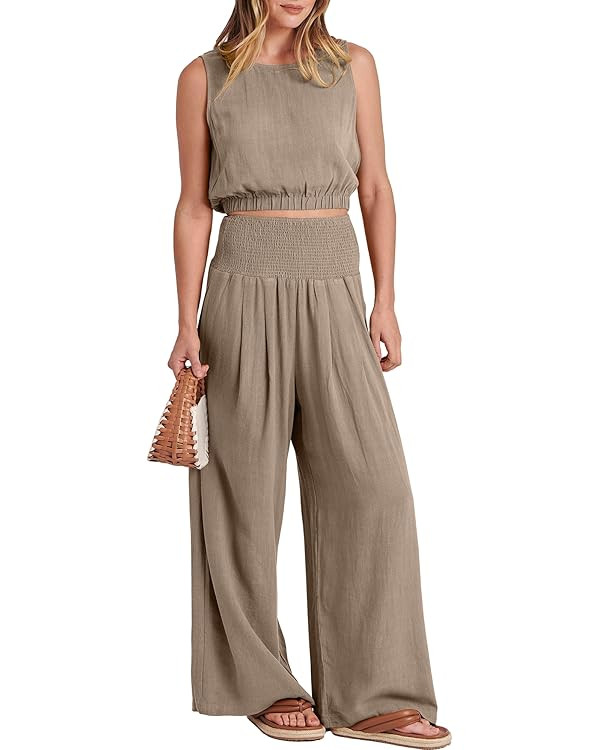 ANRABESS Women's 2 Piece Linen Lounge Set Casual Matching Pants Jumpsuit Summer Beach Travel Vaca... | Amazon (US)