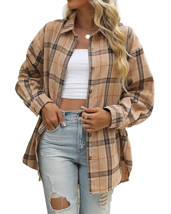 CHYRII Womens Button Down Flannel Shirts Long Sleeve Plaid Shackets Business Casual Blouse Top | Amazon (US)