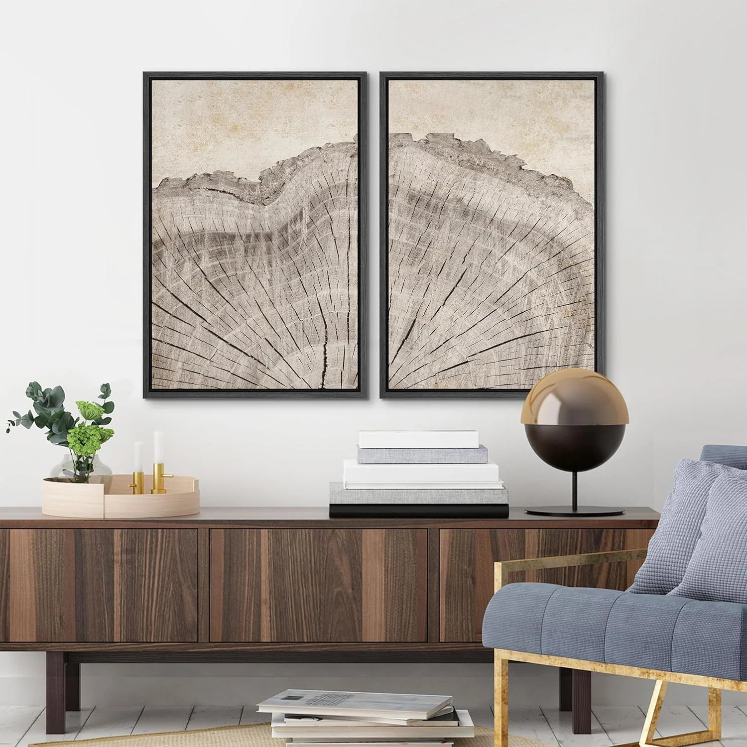 Oak Wood Tree Rings Country Décor Framed Canvas 2 Pieces Print Wall Art Set | Wayfair North America