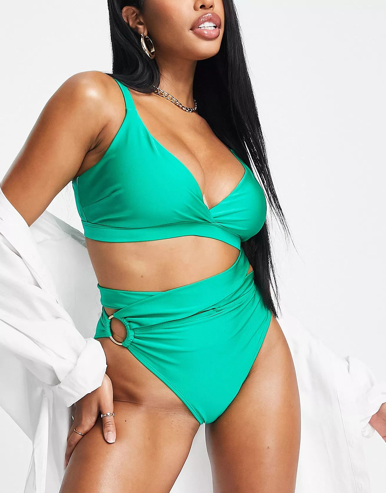 ASOS DESIGN Fuller Bust exclusive wrap front crop bikini top in emerald green | ASOS (Global)
