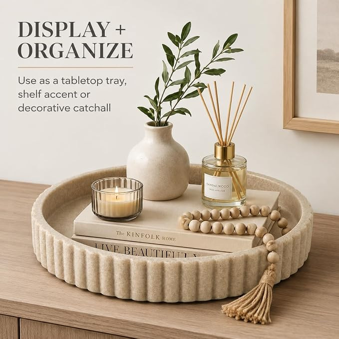 Decorative Table Tray for Home Decor, Round Beige Coffee Table Centerpiece Tray, Modern Minimalis... | Amazon (US)