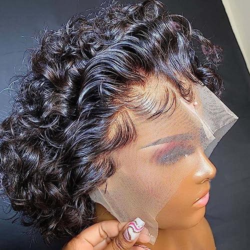 Msviki Short Curly Pixie Cut Lace Front Wigs Human Hair 13x1 Black Glueless Wig Pre Plucked Pre Cut HD Lace Frontal Pixie Cut Bleached Knots with Baby Hair Wig for Women | Amazon (US)