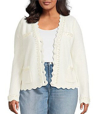 Sugarlips Plus Size Yania V-Neck Long Sleeve Pearl Detail Cardigan - 1X | Dillard's