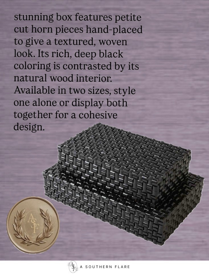 stunning box features petite cut horn pieces hand-placed to give a textured, woven look. Its rich, deep black coloring is contrasted by its natural wood interior. Available in two sizes, style one alone or display both together for a cohesive design. Home Accessories

#LTKHome