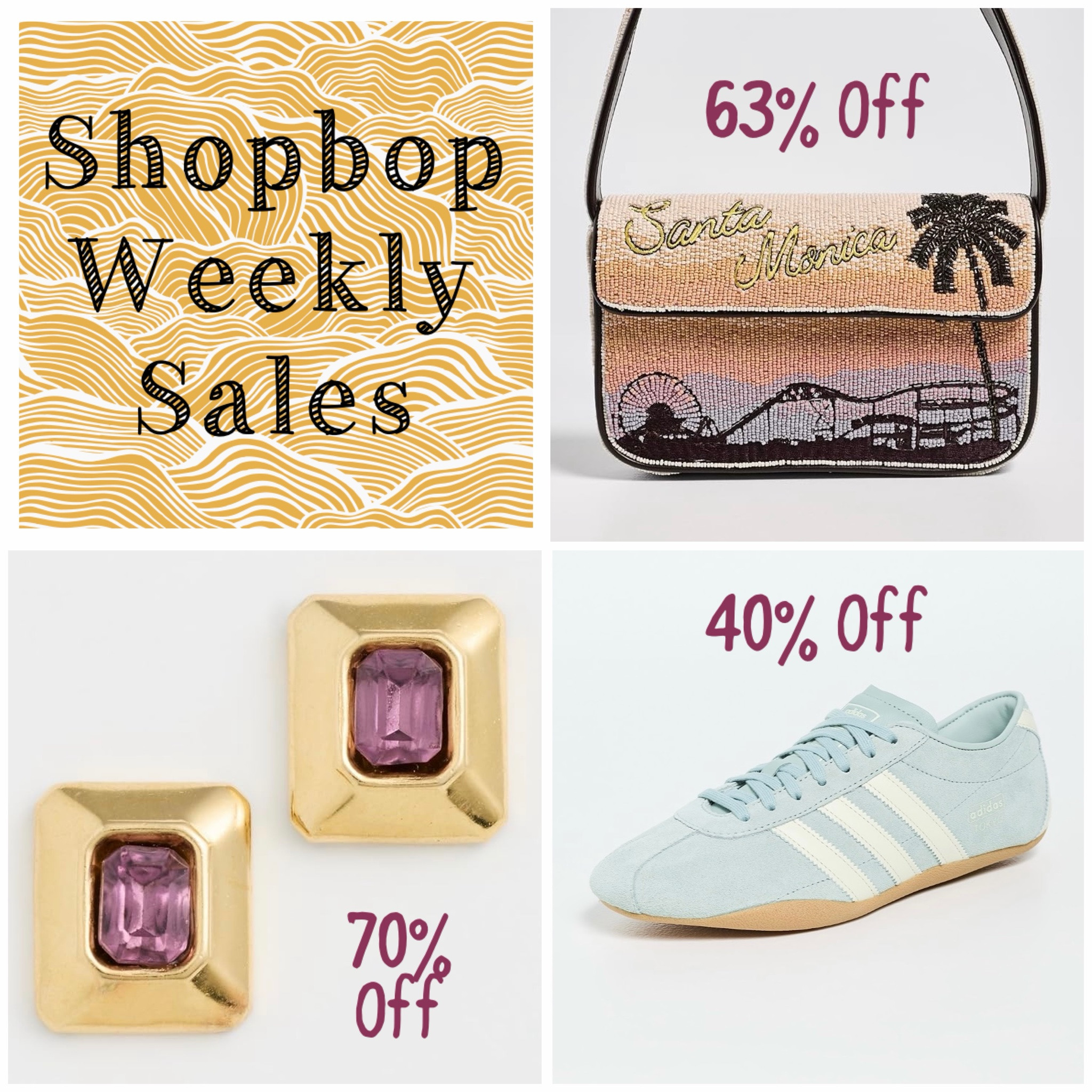 Lots of new Shopbop sale items this week! Three quick faves that are GOOD deals:
1. Powder blue suede Adidas Tokyo sneakers, 40% off
2. This Staud beaded statement bag, 63% off
3. Statement earrings for under $50 (70% off!)

#LTKSaleAlert