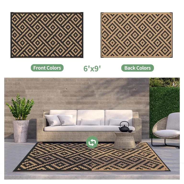 DEORAB Outdoor Rugs Waterproof Plastic Straw Mat 6'x9' Reversible for RV Patio Deck Beach Black &... | Walmart (US)