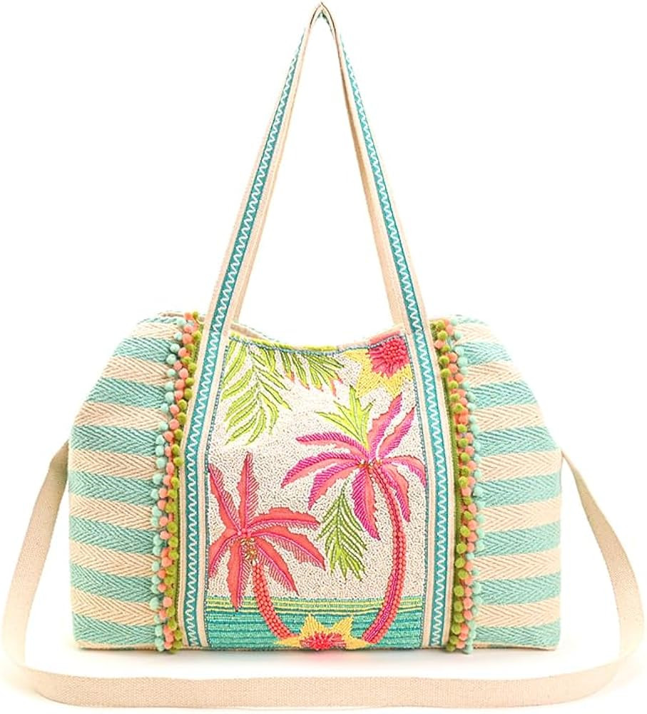 America & Beyond Palms Away Embellished Tote \u2013 Hand-Embroidered Palm Tree Beaded Bag, Stylis... | Amazon (US)