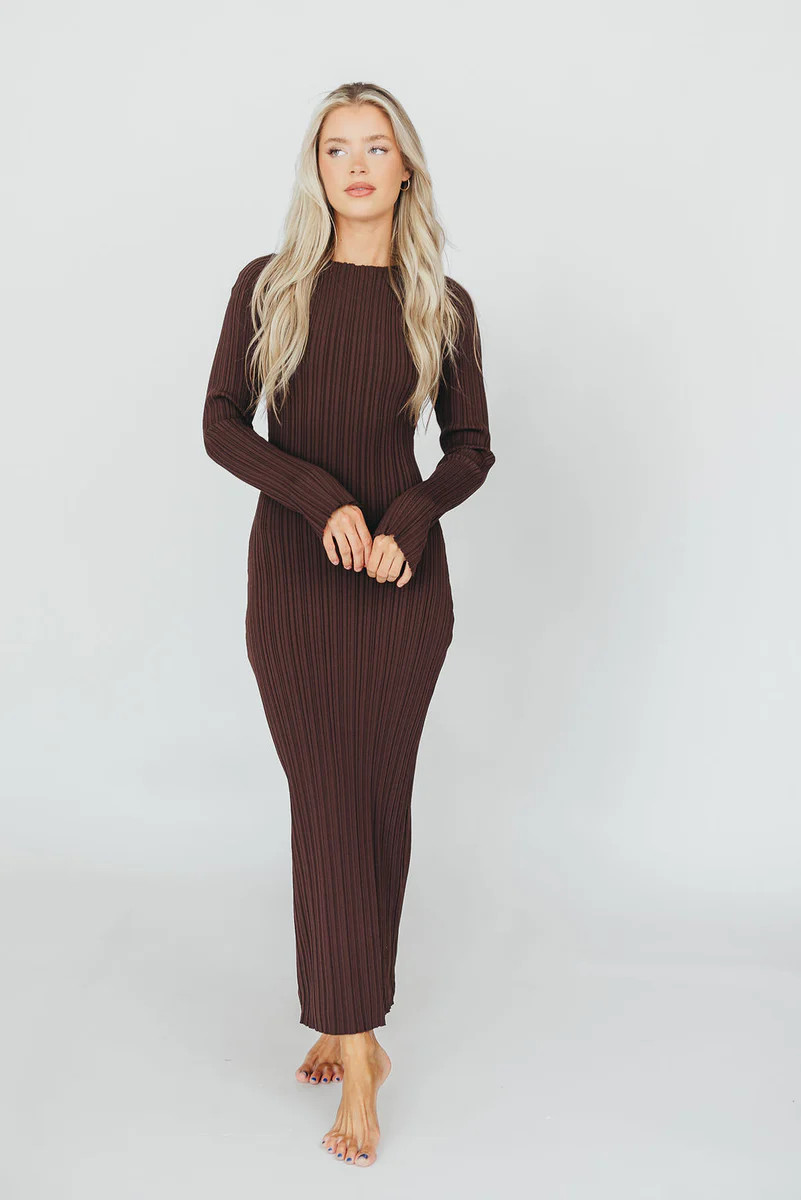 Allie Long Sleeve Ribbed Maxi Dress in Brown- PRE-ORDER 11/22 | Worth Collective