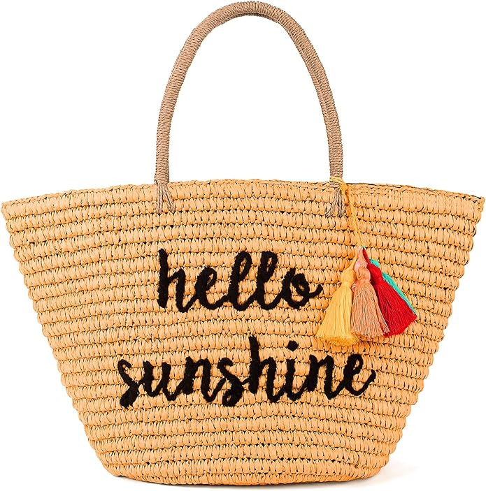 Funky Junque Womens Embroidered Beach Tote Saying Shoulder Bag Large Straw Travel Handbag | Amazon (US)