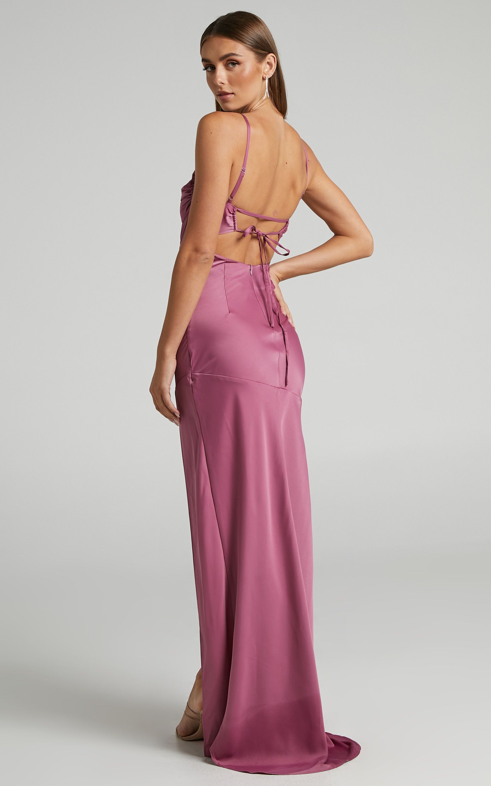 Ardent Maxi Dress - Cowl Neck Tie Back Satin Dress in Orchid | Showpo (US, UK & Europe)