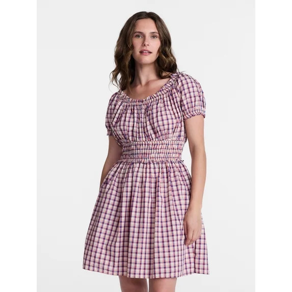 Time and Tru Women's and Women's Plus Cotton Peasant Mini Dress With Puff Sleeves, Sizes XS-4X | Walmart (US)