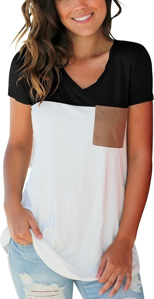 SAMPEEL Women's Basic V Neck T Shirt with Suede Pocket S-XXL | Amazon (US)