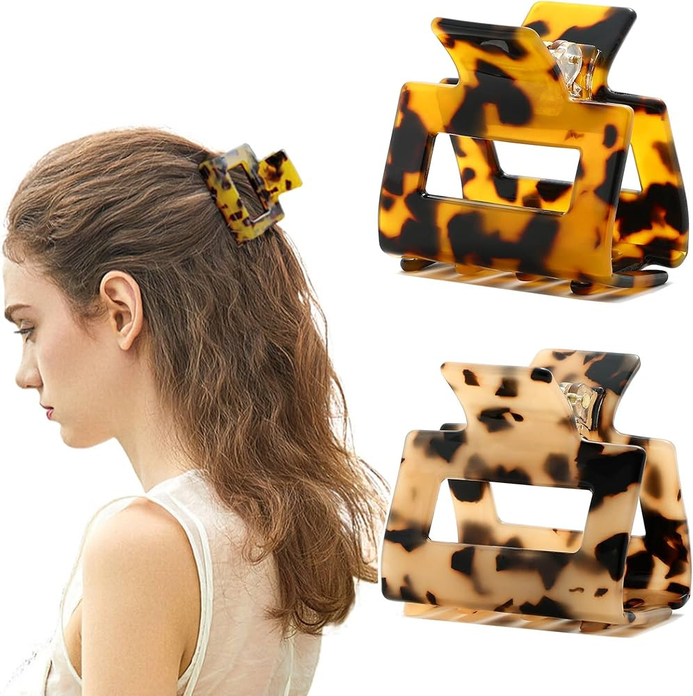 2Pcs Small Medium Hair Claw Clips for Women Tortoise Shell Rectangle Claw Hair Clips for Thin Fin... | Amazon (US)