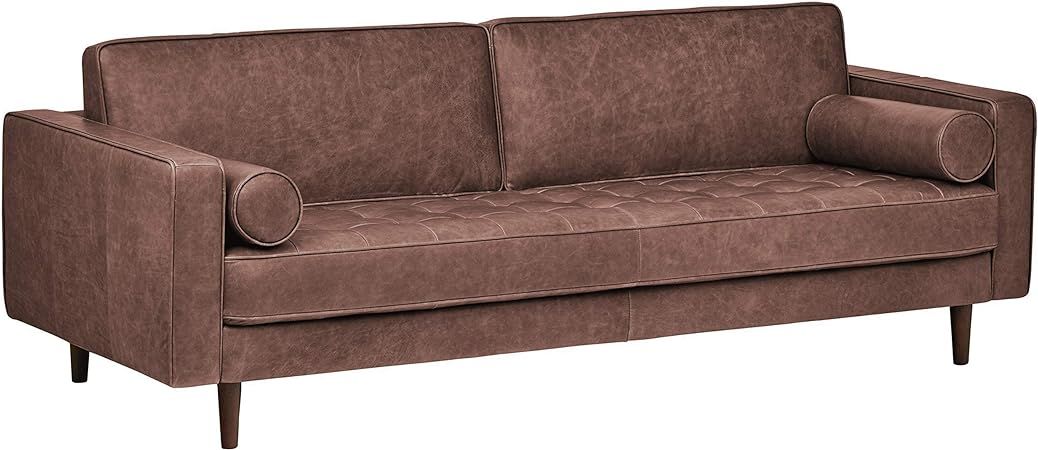 Amazon Brand – Rivet Aiden Mid-Century Modern Sofa Couch (86.6"W) - Dark Brown Leather | Amazon (US)