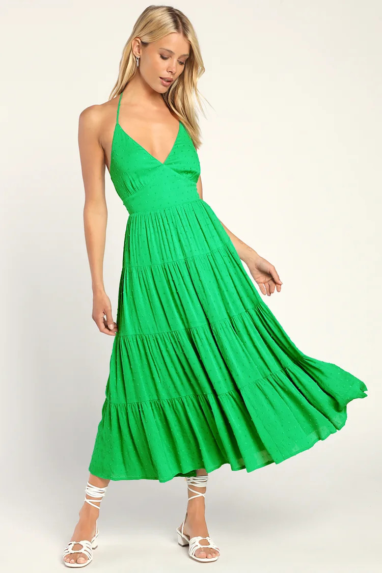 Distinctly Delightful Green Swiss Dot Tiered Halter Midi Dress | Lulus (US)