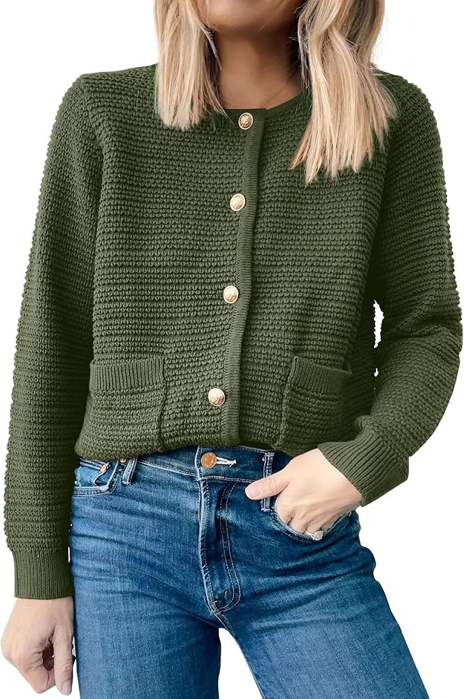 ANRABESS Women's Tweed Knit Cardigan Sweater Casual Long Sleeve Cropped Button Down Lady Jackets ... | Amazon (US)