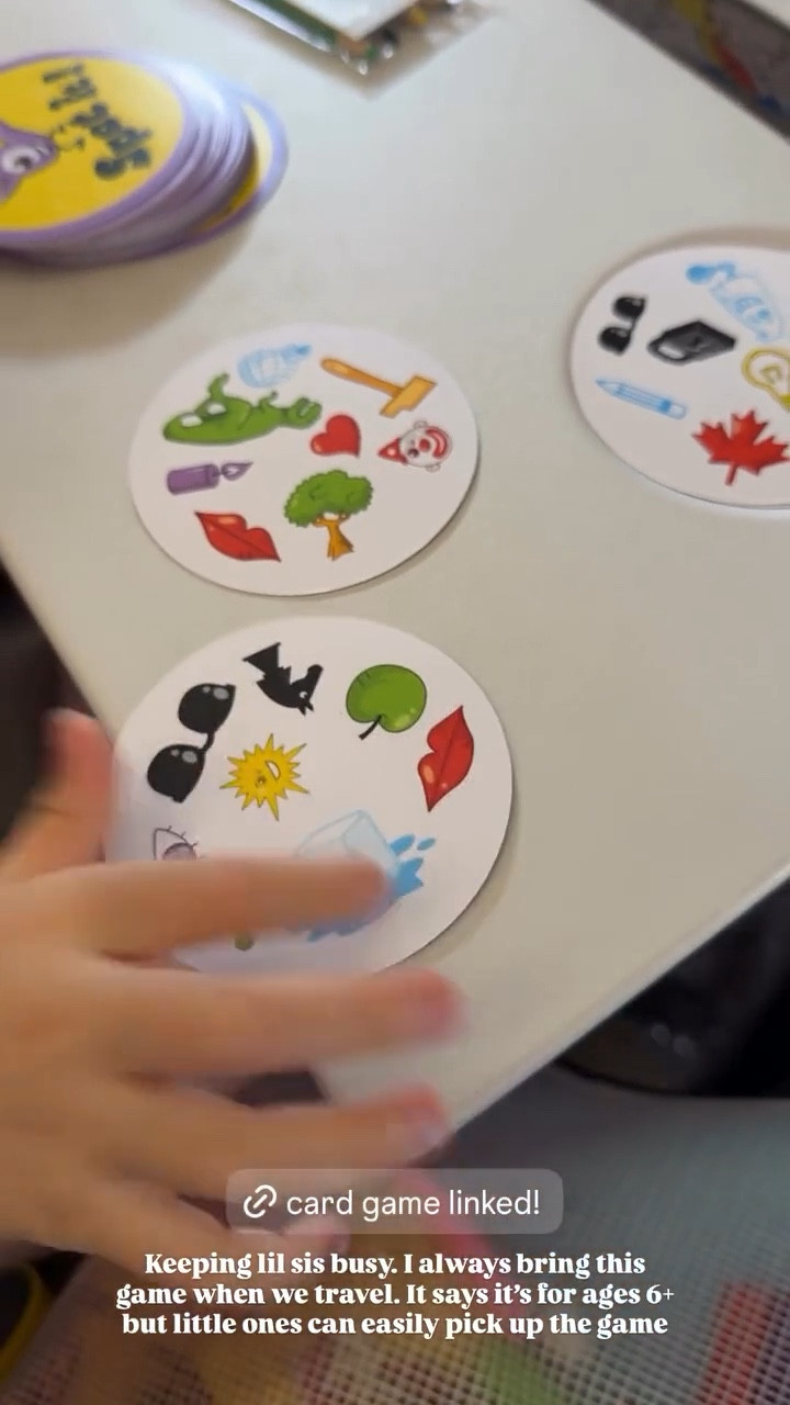 Spot it Card Game! 
Keeping lil sis busy. I always bring this game when we travel. It says it's for ages 6+ but little ones can easily pick up the game

#LTKTravel #LTKFindsUnder50 #LTKKids