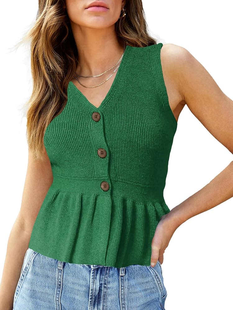 Womens Ruffle Hem Sweater Vests Sleeveless Peplum Cardigans V Neck Button Tank Top Knit Casual Vest Tops | Amazon (US)