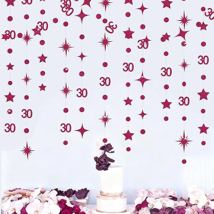 Burgundy 30th Birthday Decorations Number 30 Circle Dot Star Garland Glitter Streamer Banner Back... | Amazon (US)