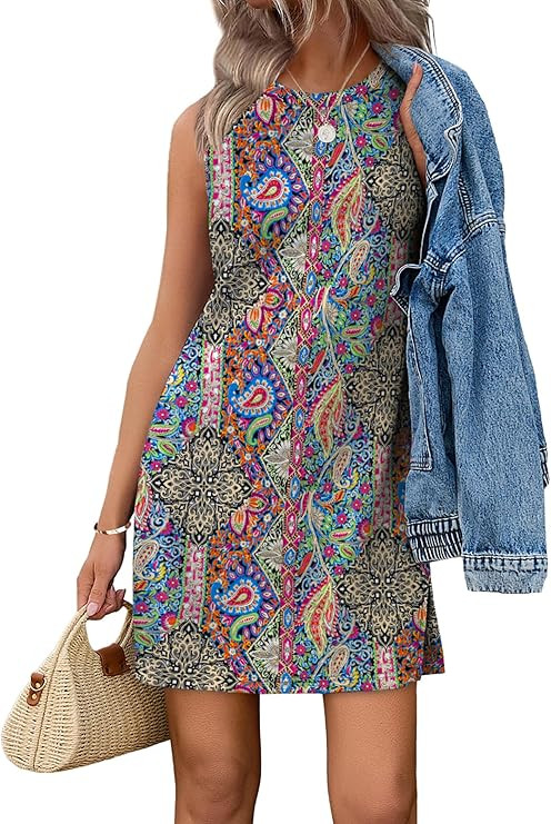 WIHOLL Casual Dresses for Women Crewneck Sleeveless Tank Dress Summer Spring Boho Vacation Clothe... | Amazon (US)