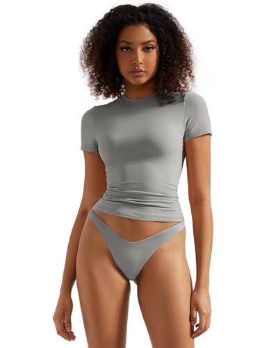 SUUKSESS Women Double Lined Fitted Basic Tee Shirts Crew Neck Short Sleeve Y2K Going Out Crop Tops (Gray, XS) | Amazon (US)
