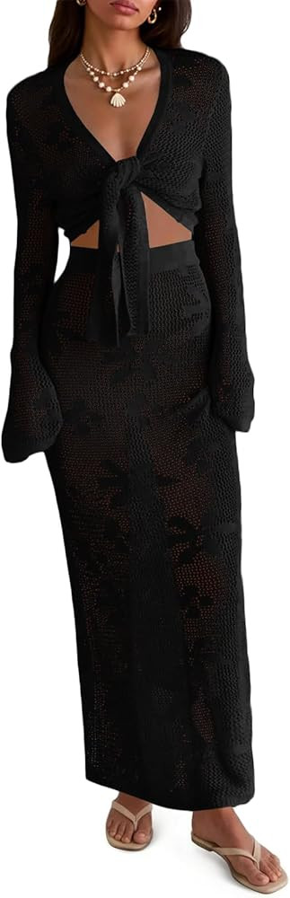 Saodimallsu Womens Crochet Swim Cover Up 2 Piece V Neck Long Sleeve Wrap Tie Crop Tops Beach Boho... | Amazon (US)