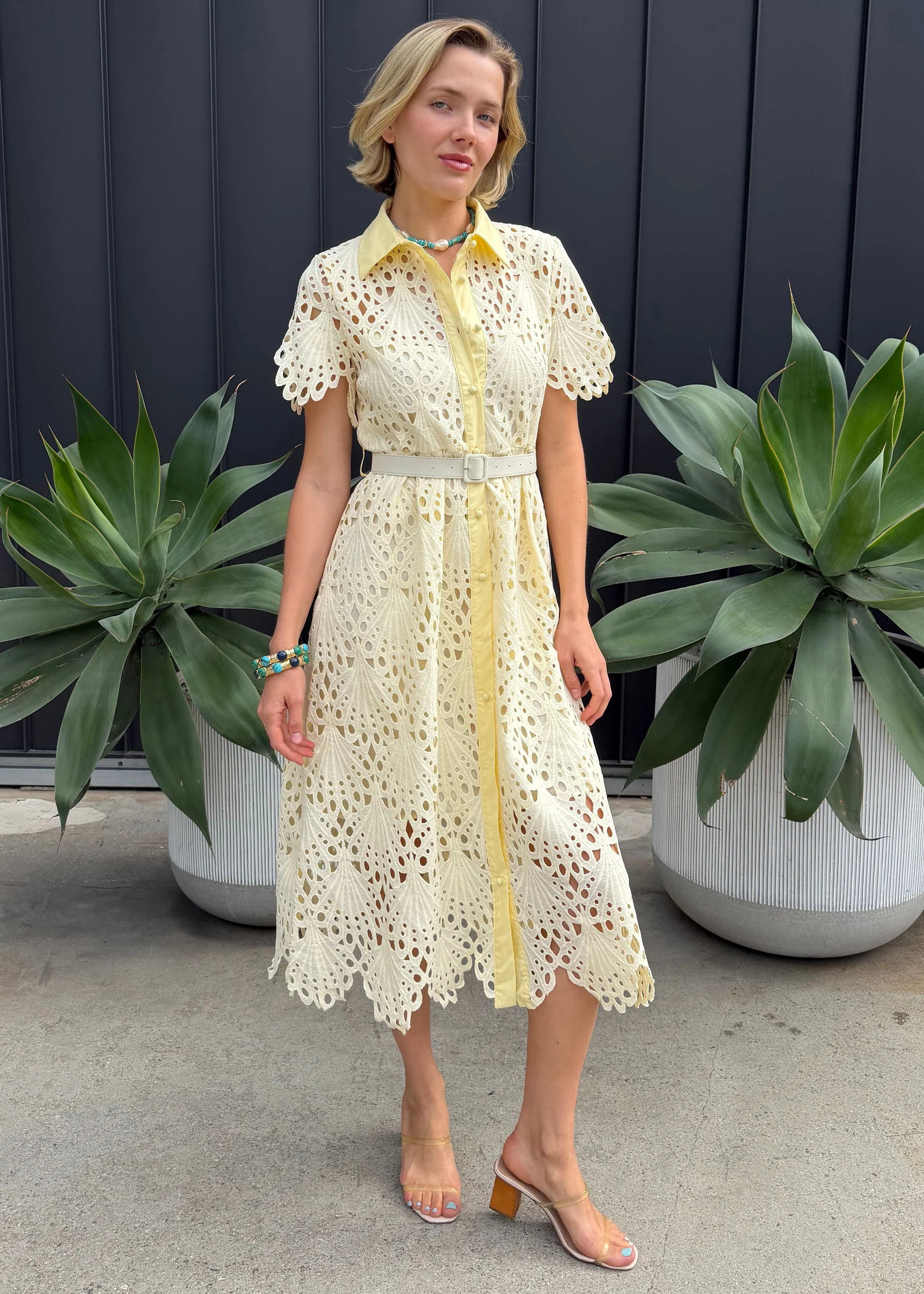 Robin Belted Short Sleeve Lace Midi Dress | Benaar La