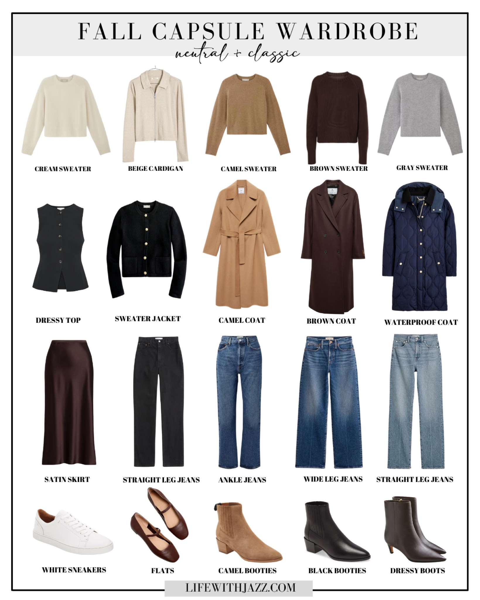My fall capsule wardrobe — pt. 2 jackets/coats 

Crew sweaters / cashmere sweaters / cream / beige / camel / chocolate brown / gray / black tailored vest / sweater lady jacket / camel coat / brown coat / waterproof quilted coat / satin skirt / ankle jeans / wide leg jeans / straight jeans / sneakers / ballet flats / camel booties / black booties / dressy booties 

#LTKSeasonal