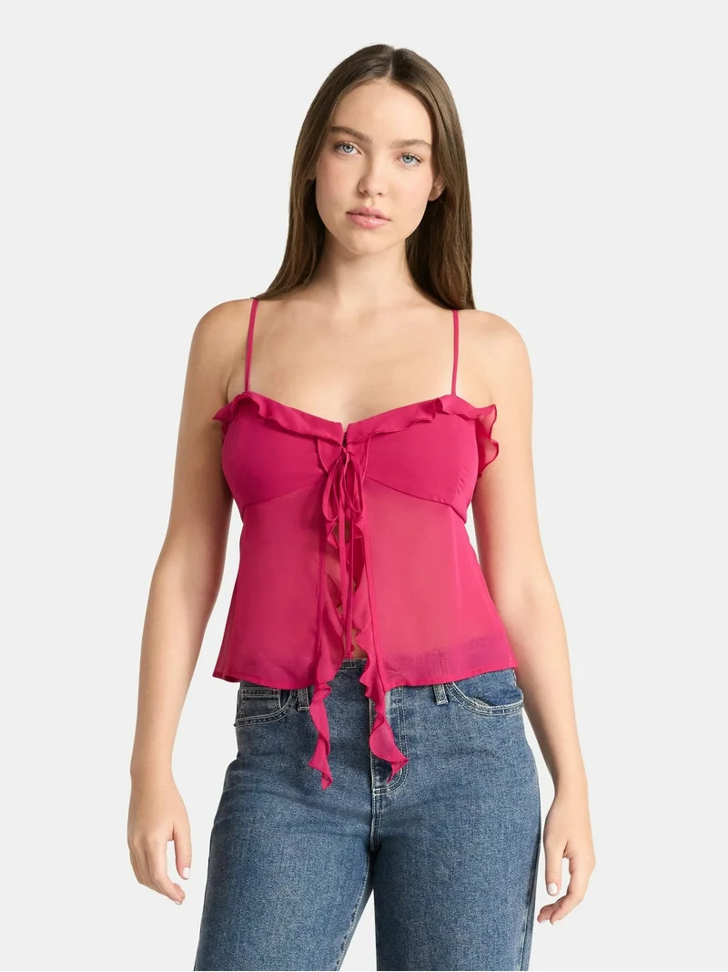 No Boundaries Chiffon Ruffle Tie Front Cami, Women's | Walmart (US)