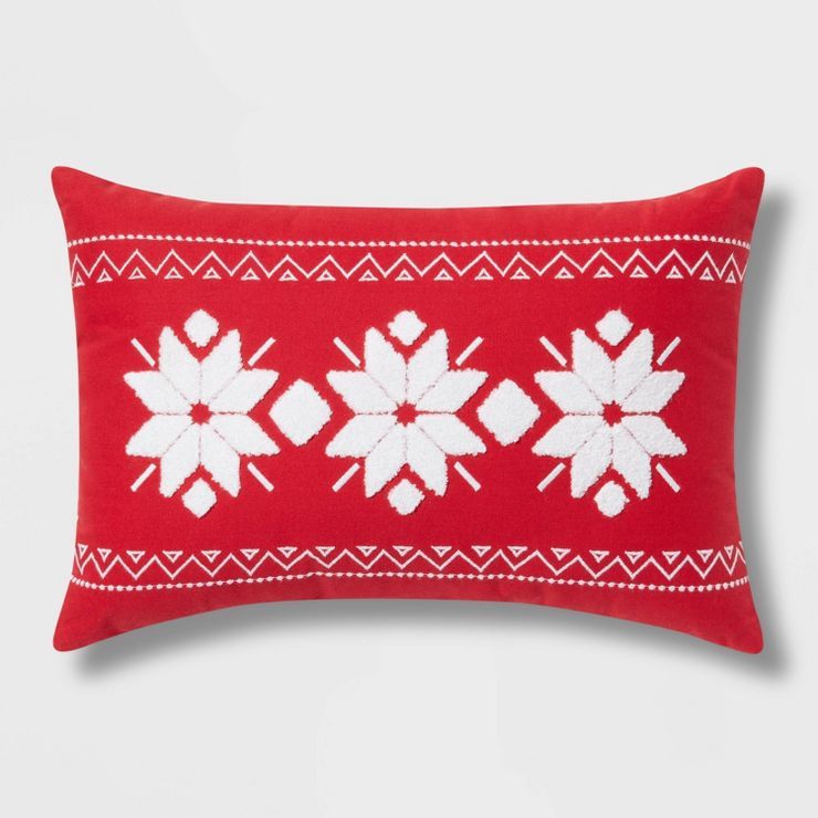 Fair Isle Embroidered Cotton Lumbar Christmas Throw Pillow Red/Cream - Wondershop™ | Target