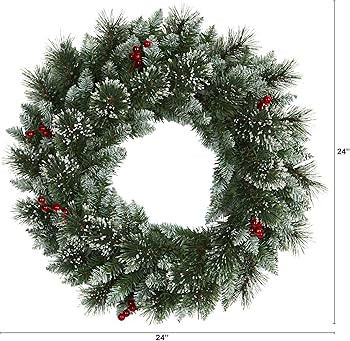 Nearly Natural 24in. Frosted Swiss Pine Artificial Wreath with 35 Clear LED Lights and Berries, G... | Amazon (US)