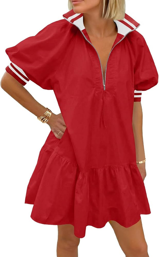Wenrine Women Short Puff Sleeve Dress Half Zip V Neck Collar Summer Casual Color Block Sweatshirt... | Amazon (US)