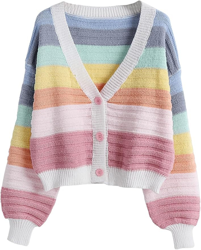 SweatyRocks Women's Color Block V Neck Button Front Knit Cardigan Sweater Outerwear | Amazon (US)